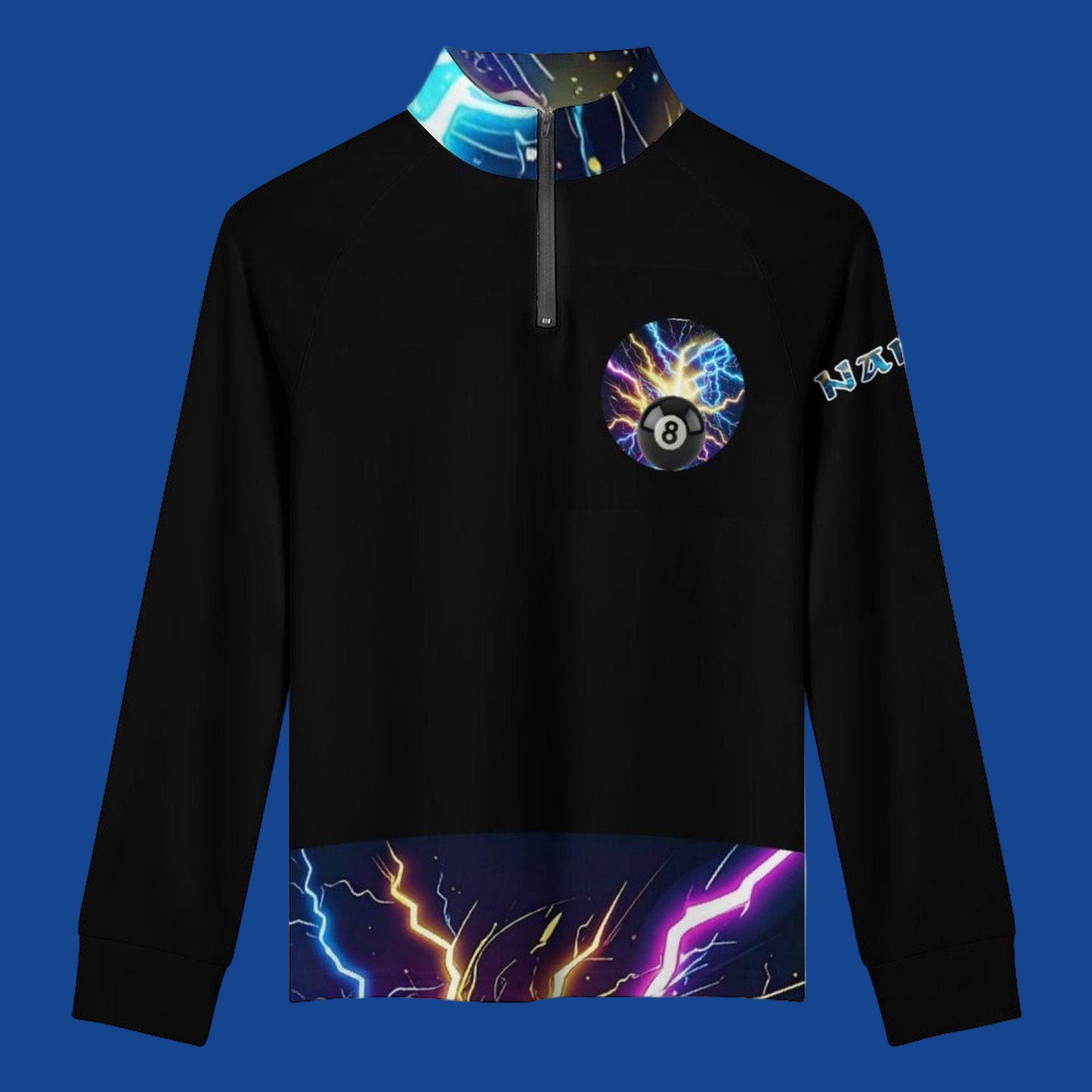 Black hoodie with colorful designs on a white background