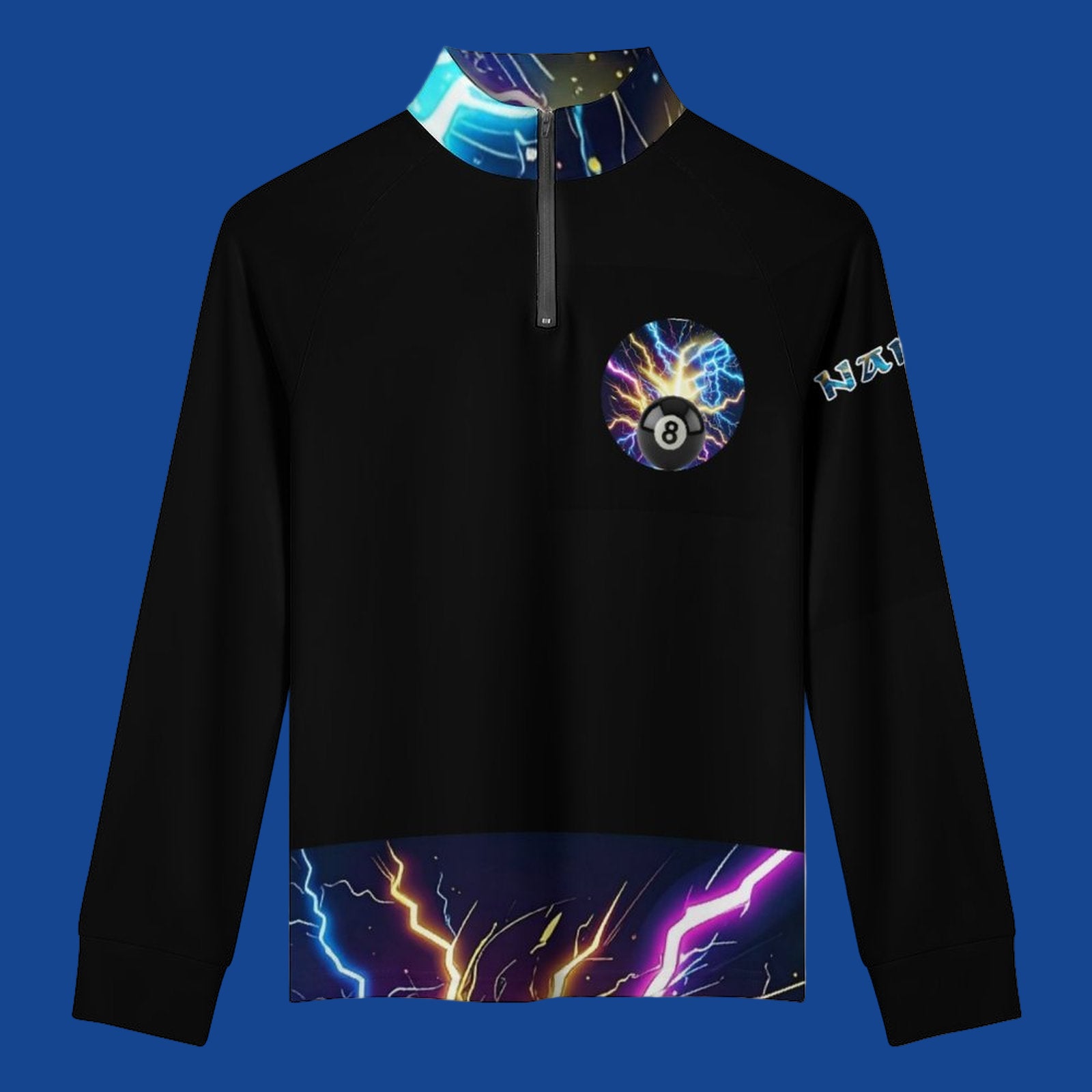 Black hoodie with colorful designs on a white background