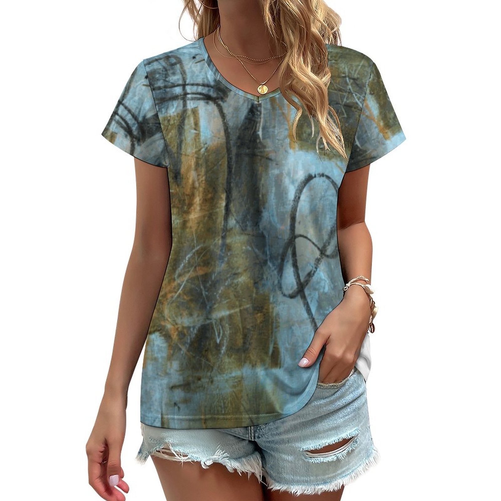 V-neck Short Sleeve T-Shirt(All-Over Printing)