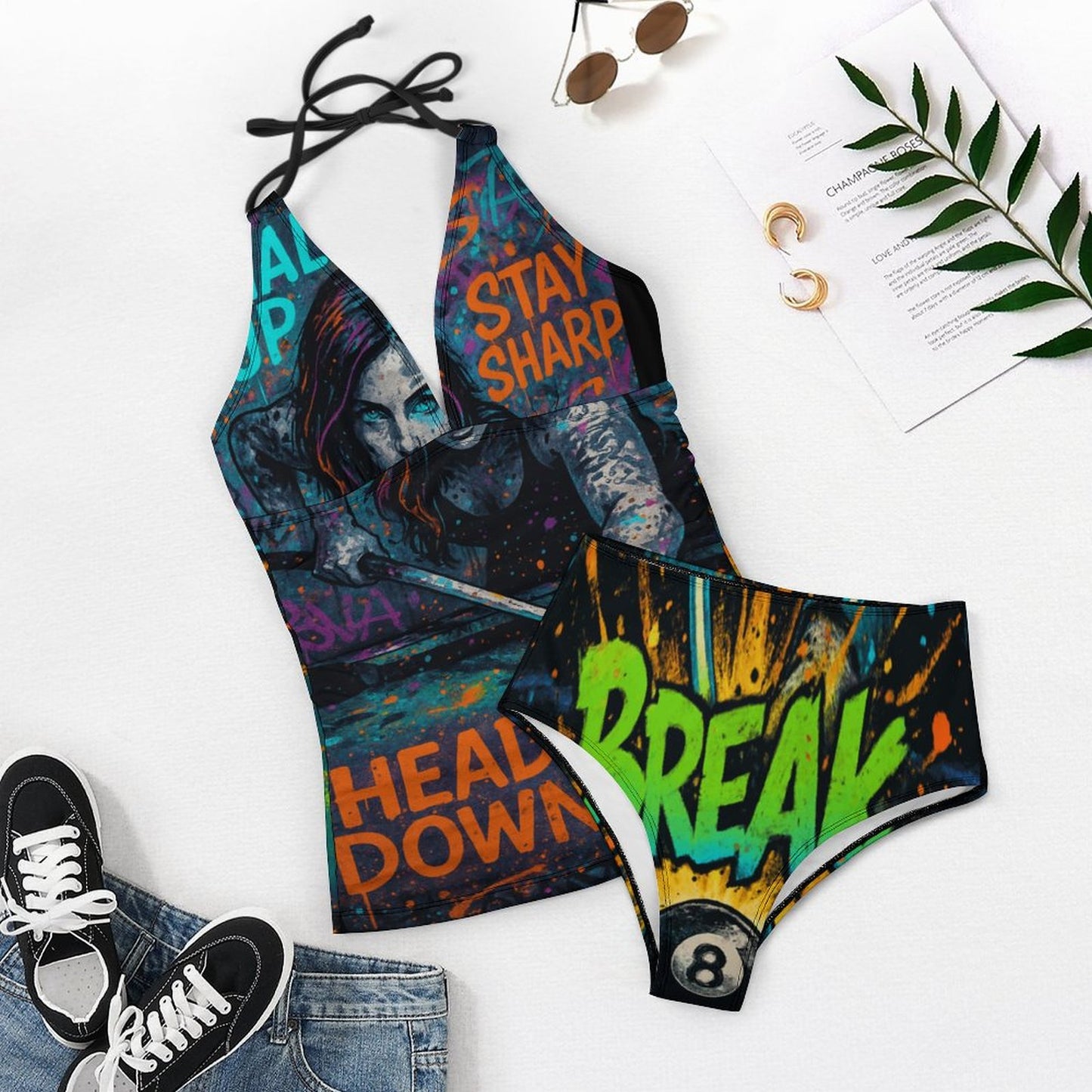 Chalked Up – Women’s Halter Tankini Swimsuit | “Head Down / Stay Sharp” Edition