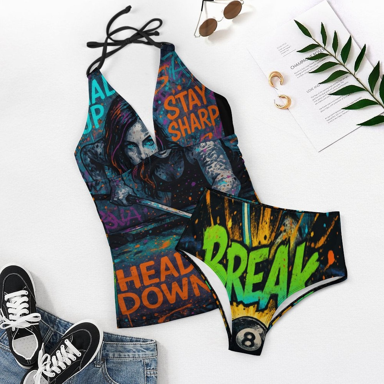 Chalked Up – Women’s Halter Tankini Swimsuit | “Head Down / Stay Sharp” Edition