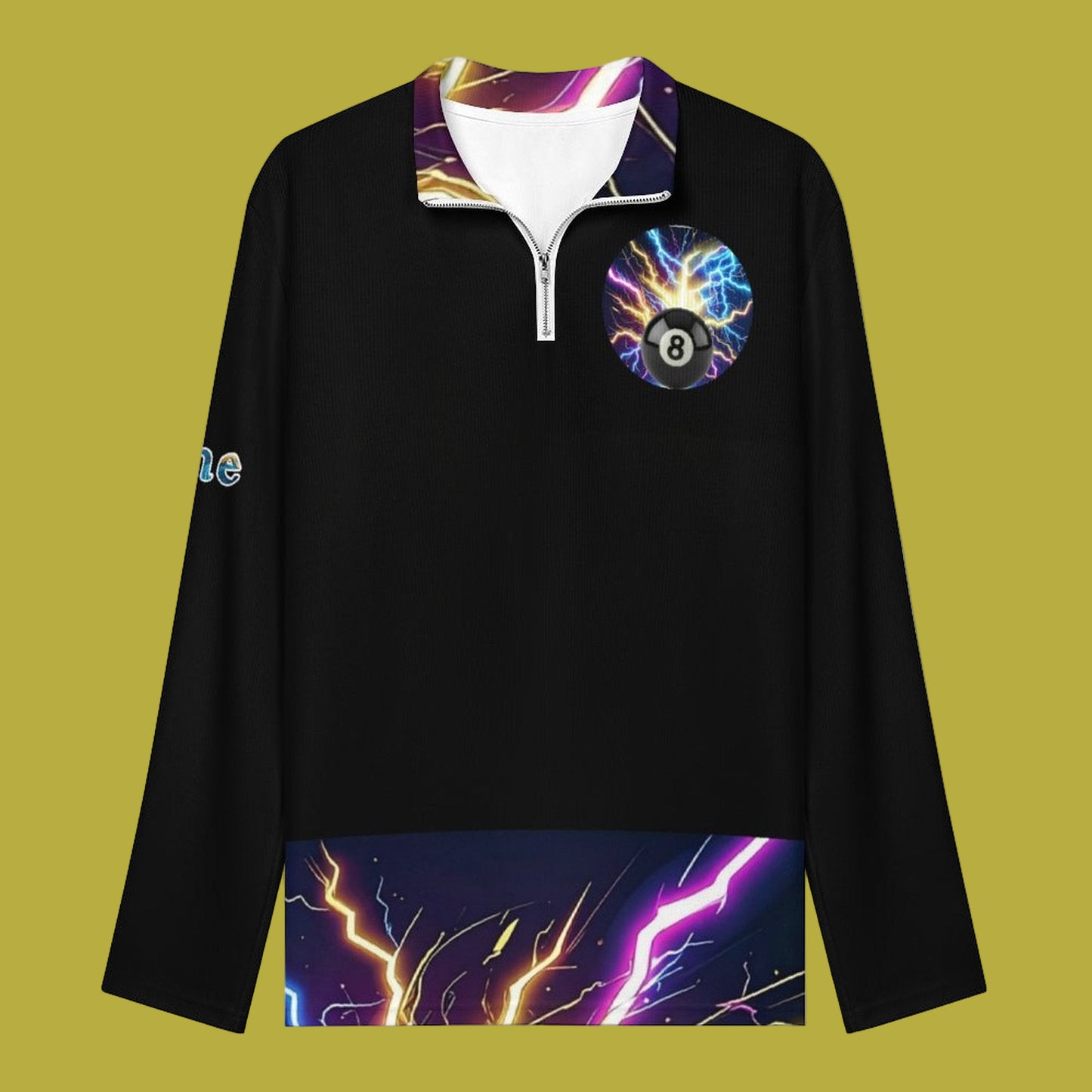 Black pullover with colorful designs on a white background