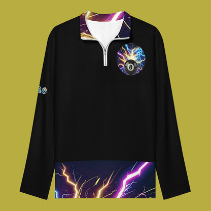 Black pullover with colorful designs on a white background