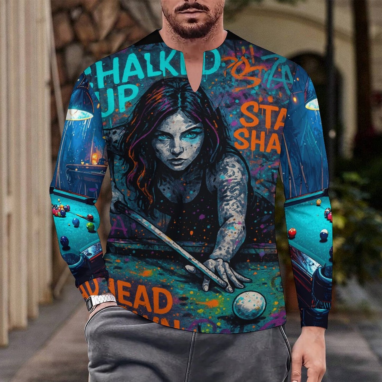 "Chalked Up” Ice Silk Long Sleeve Pool Player Shirt – UPF 50+ Quick-Dry Performance Wear