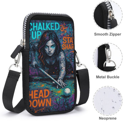 “Chalked Up” Billiards Cell Phone Crossbody Bag – Neoprene, Lightweight with Detachable Strap