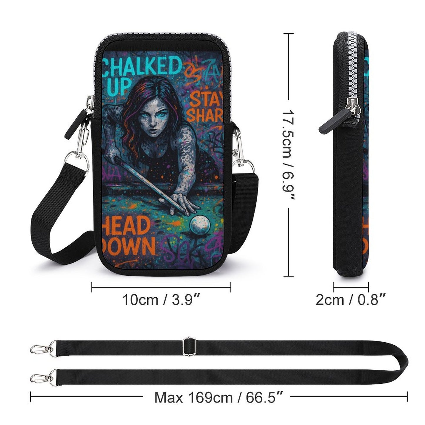 “Chalked Up” Billiards Cell Phone Crossbody Bag – Neoprene, Lightweight with Detachable Strap