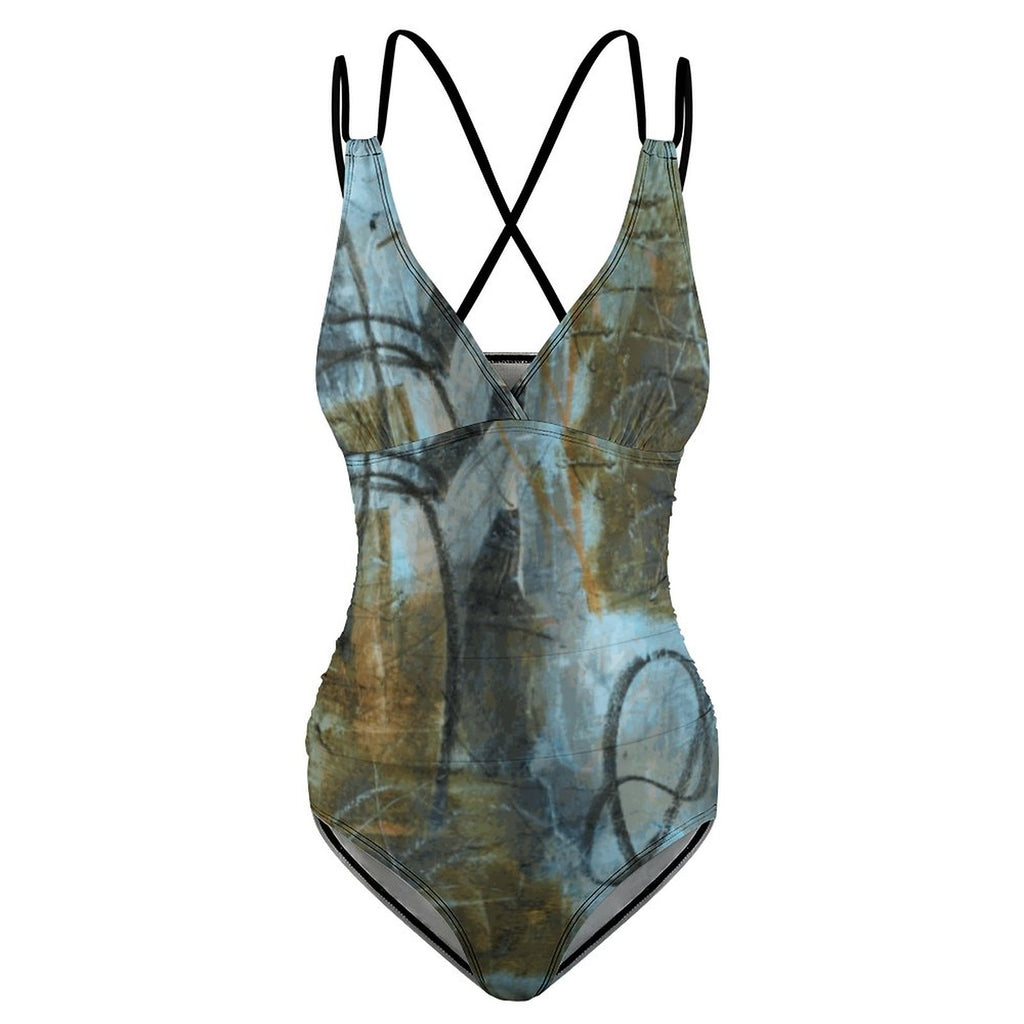 Women's One Piece Swimsuit Tummy Control V Neck Swimwear(All-Over Printing)