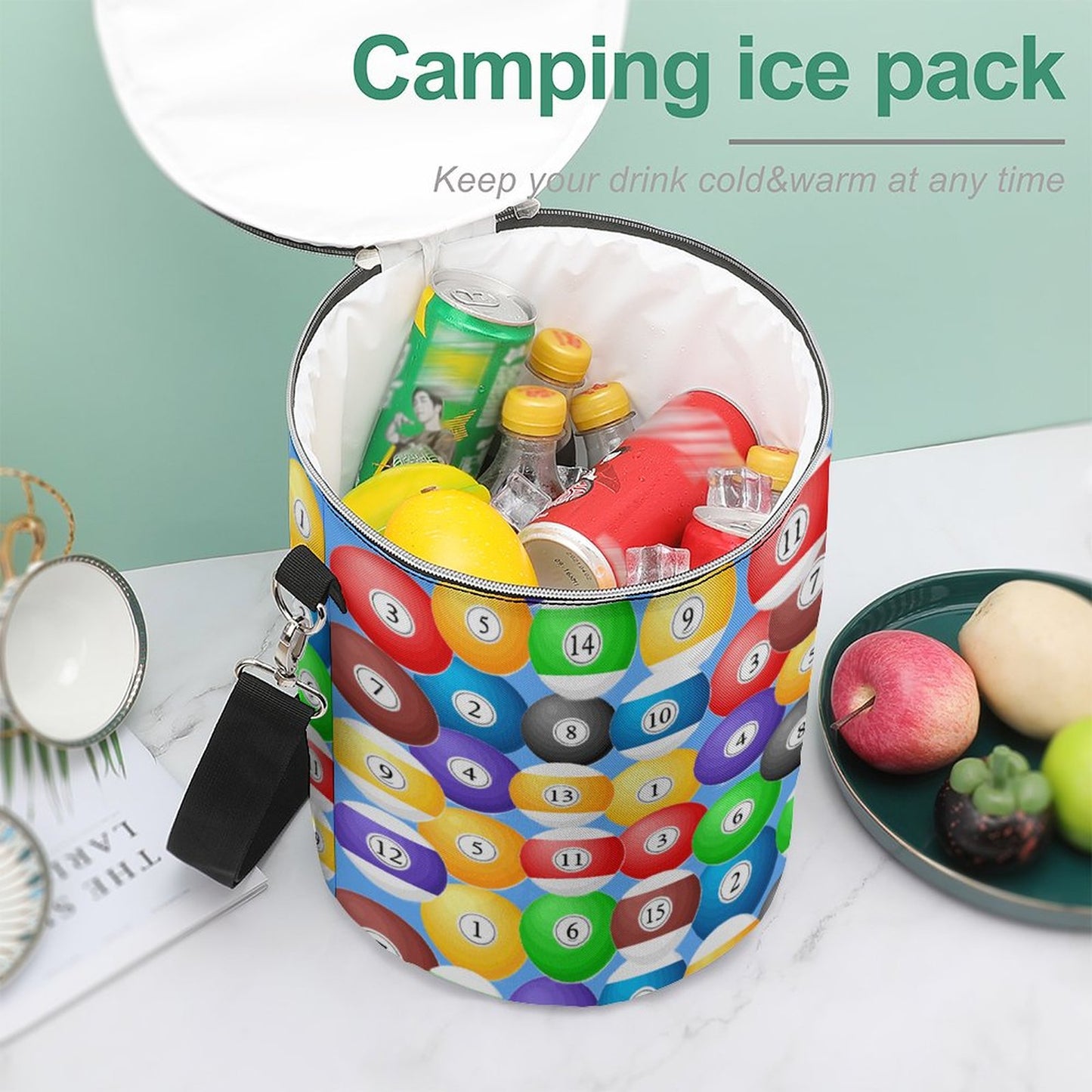 Round Collapsible Insulated Cooler Bag with Shoulder Strap(All-Over Printing)