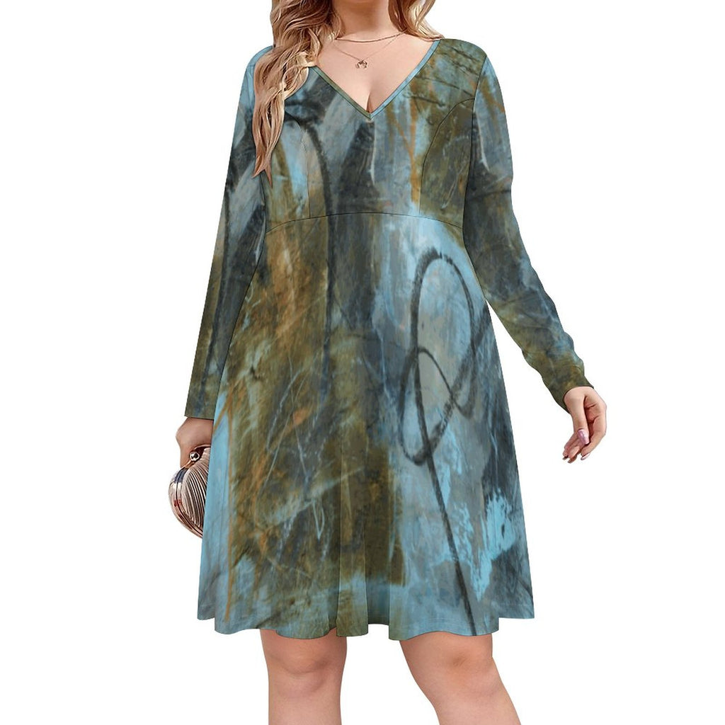 Plus Size V-neck Long Sleeve Dress(All-Over Printing)