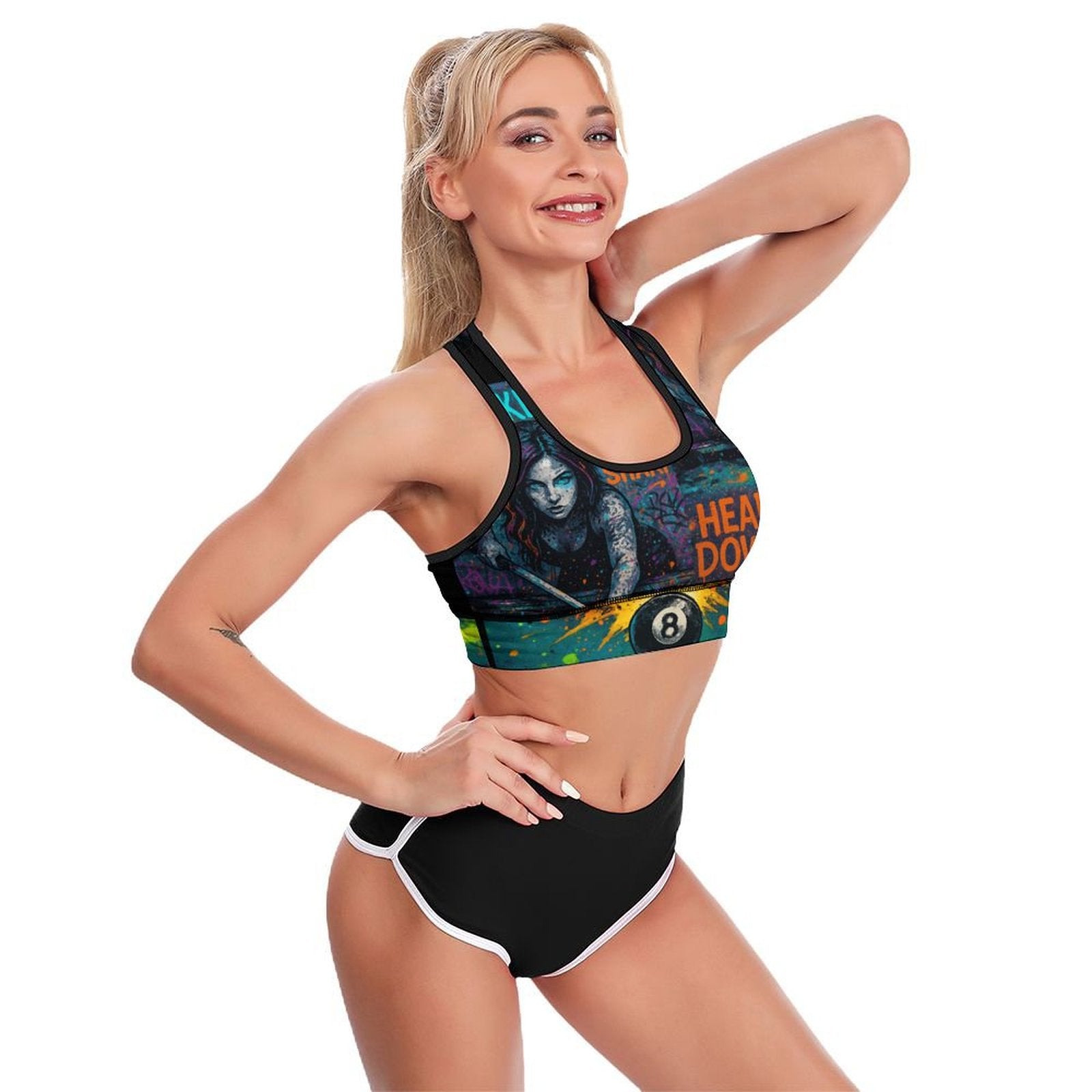 Chalked Up – Women’s Pool Player Sports Bra | “Head Down” Performance Edition