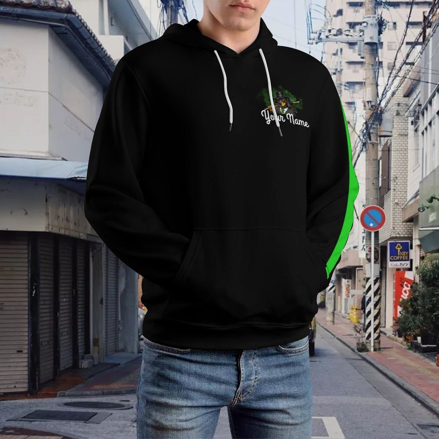 High I-Cue MN  Cool Unisex Hoodie with Double-layer Cap and Green Stripe On Sleeve