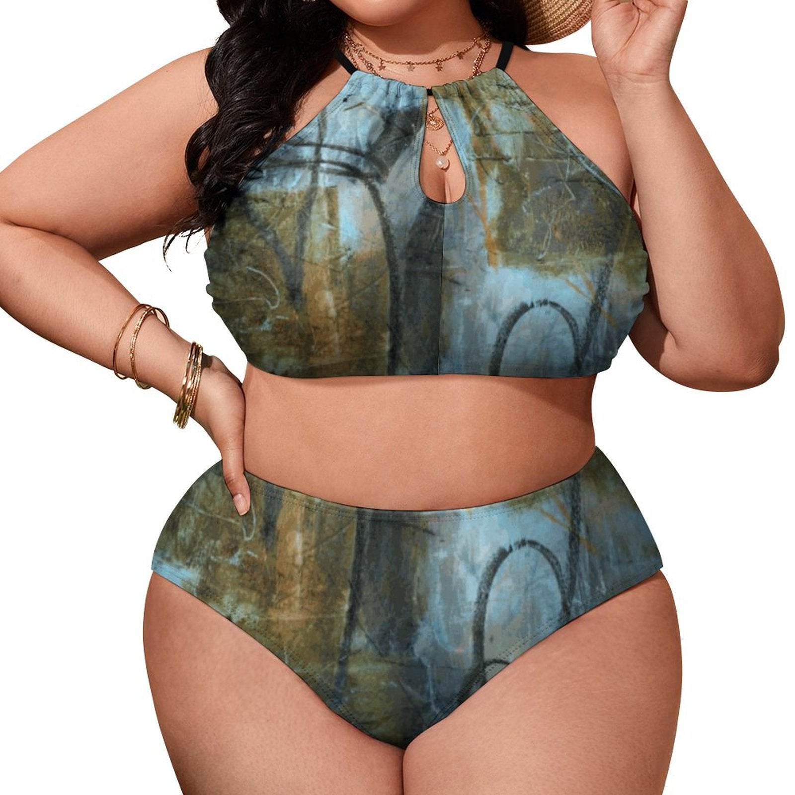 Plus Size Women's Two piece Swimsuit with High Neck Halter Top(All-Over Printing)
