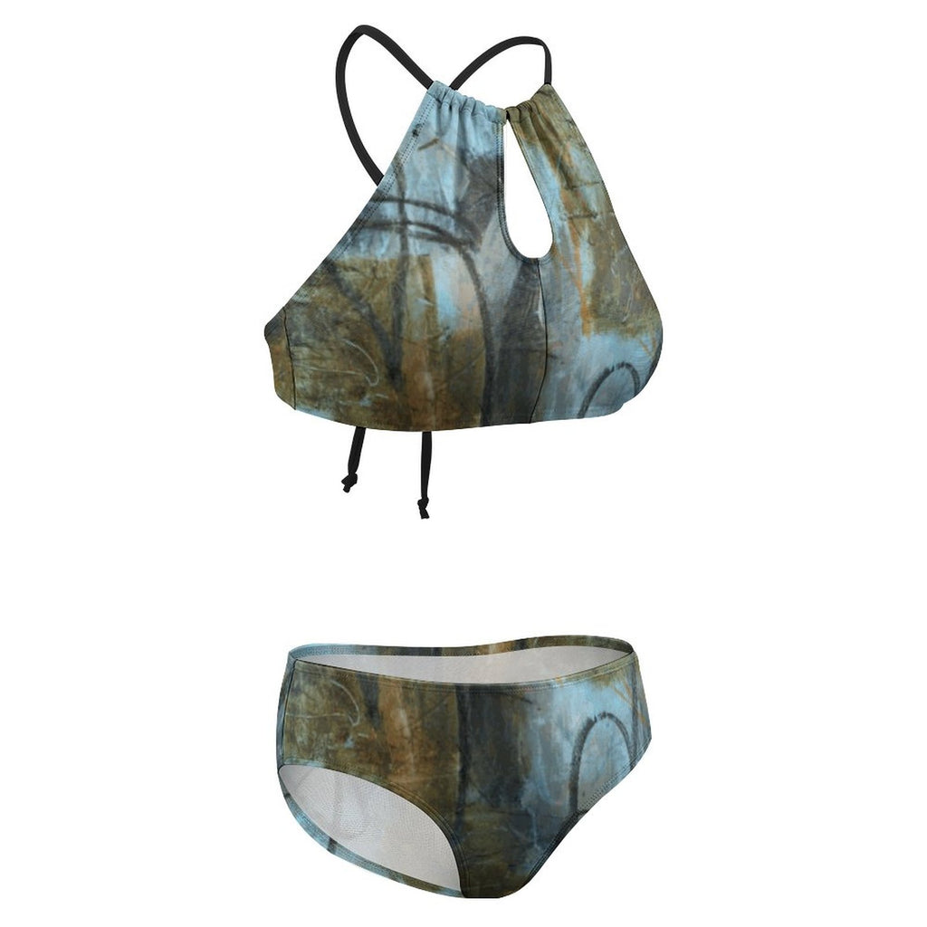 Women's Two piece Swimsuit with High Neck Halter Top(All-Over Printing)